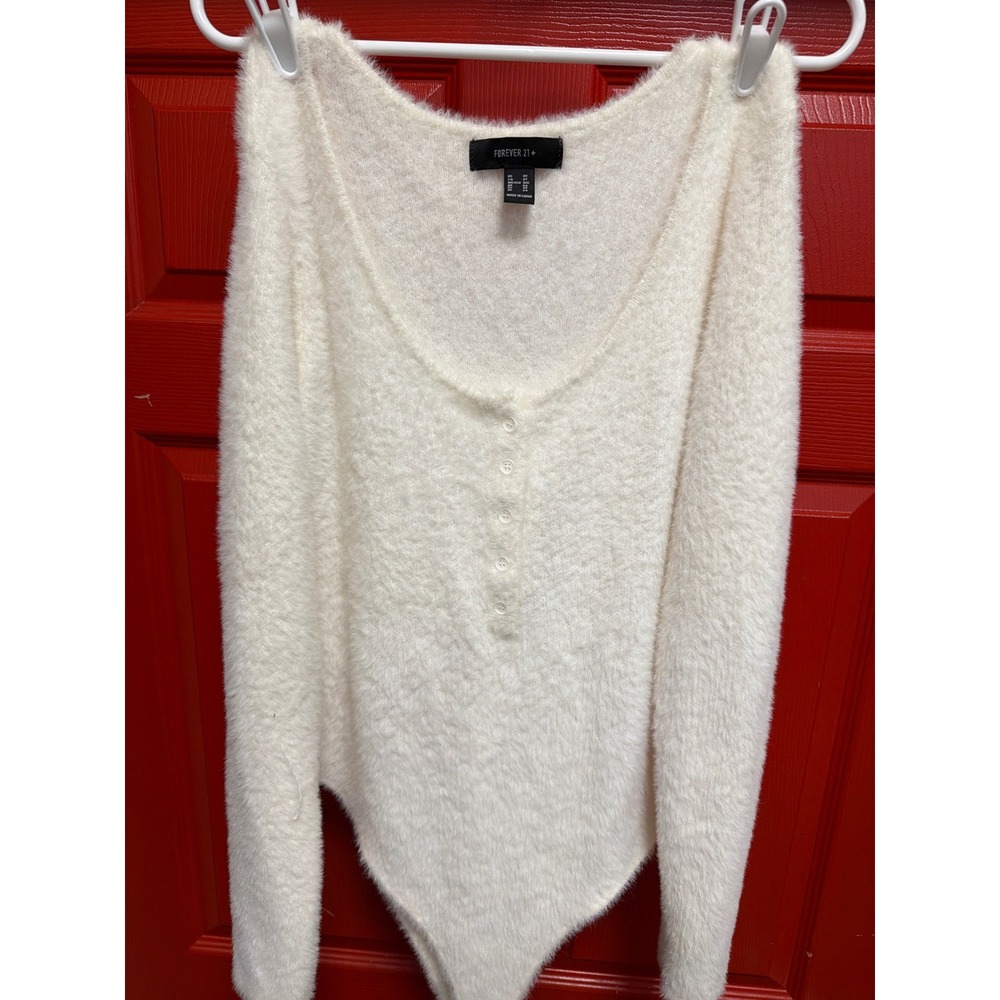 Forever 21+ Womens Plus 3X Cream Fuzzy Knit Henley Long Sleeve Bodysuit